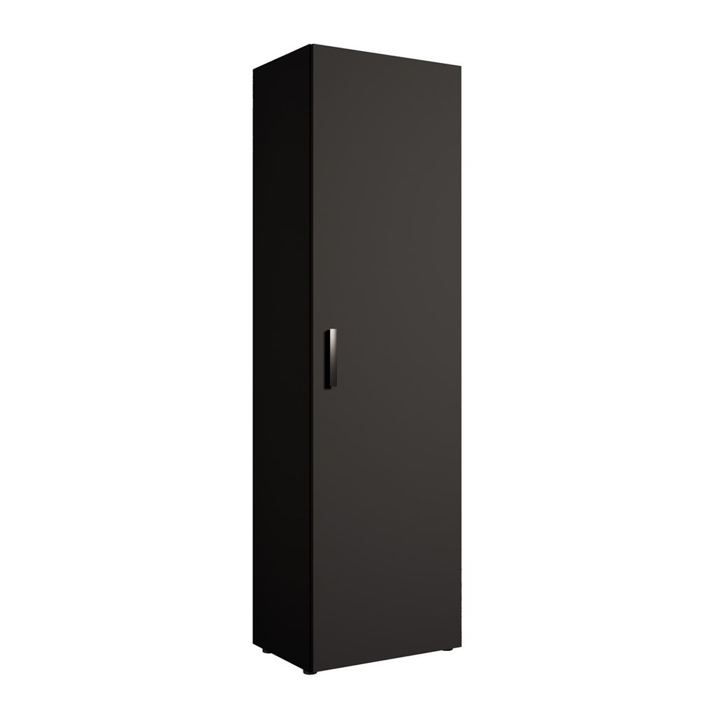 A tall, narrow black cabinet with a single door and a silver handle, presented against a white background.