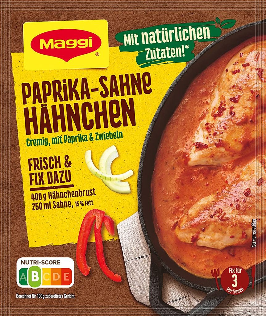 Maggi Fix für Paprika Sahne Hähnchen cremig mit Zwiebeln Produktbild 