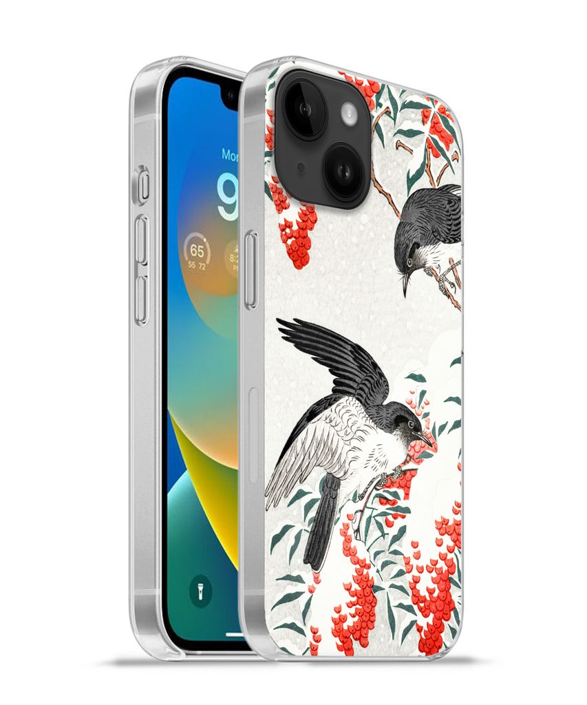 MuchoWow Handyhülle Schutzhülle Hülle für Apple iPhone 14 - Softcase Japan - Schwalbe - Vögel - Beere - Vintage Silikon Softcase Handy Hüll...