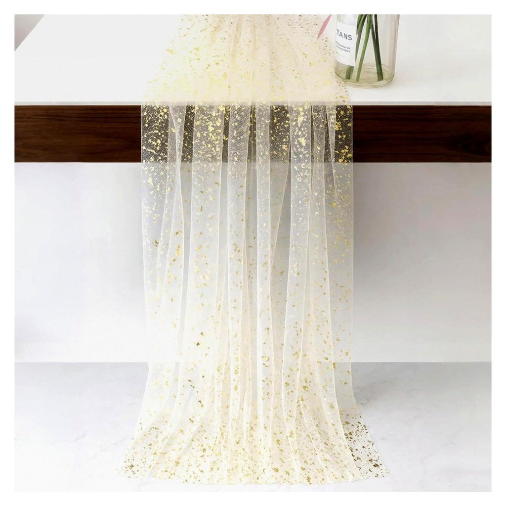 Tischdecke Gold, 2 Stück Tüll Tischläufer mit Goldfolie, 70x300 cm, elegante Tischdekoration für Hochzeiten, Geburtstage und Feste