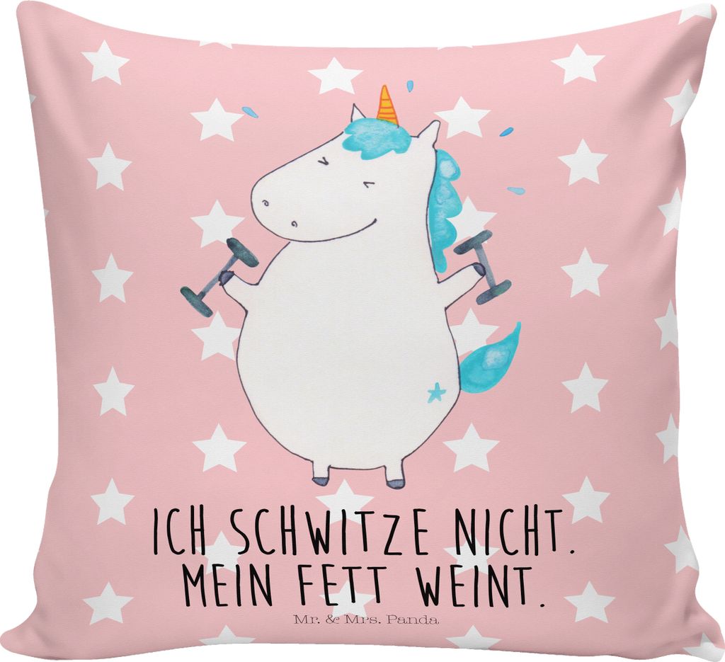 Mr. & Mrs. Panda Kissen 40x40 Einhorn Fitness - Rot Pastell - Geschenk, Abnehmen, Sofakissen, Deko, Lounge, Sixpack, Kleines, kuschelkissen, Sport,...