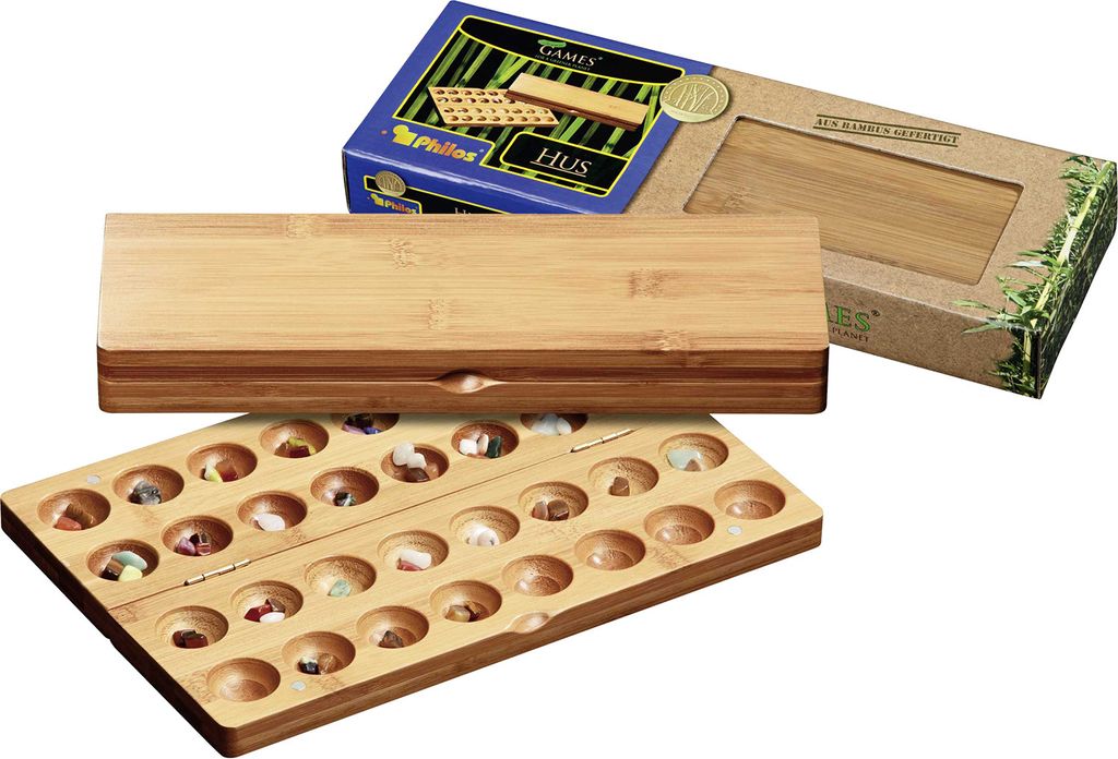 A bamboo Mancala board game with its lid and packaging, displayed on a white background.