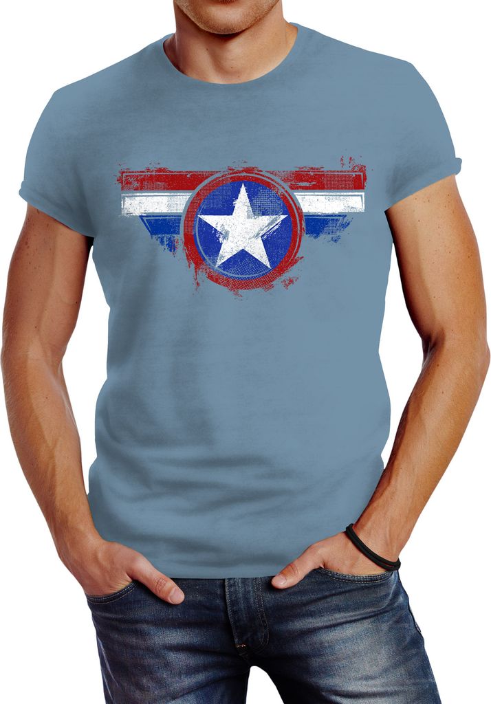 Herren T-Shirt Amerika Flagge Stern Roger Captain Slim Fit Neverless stone blue M
