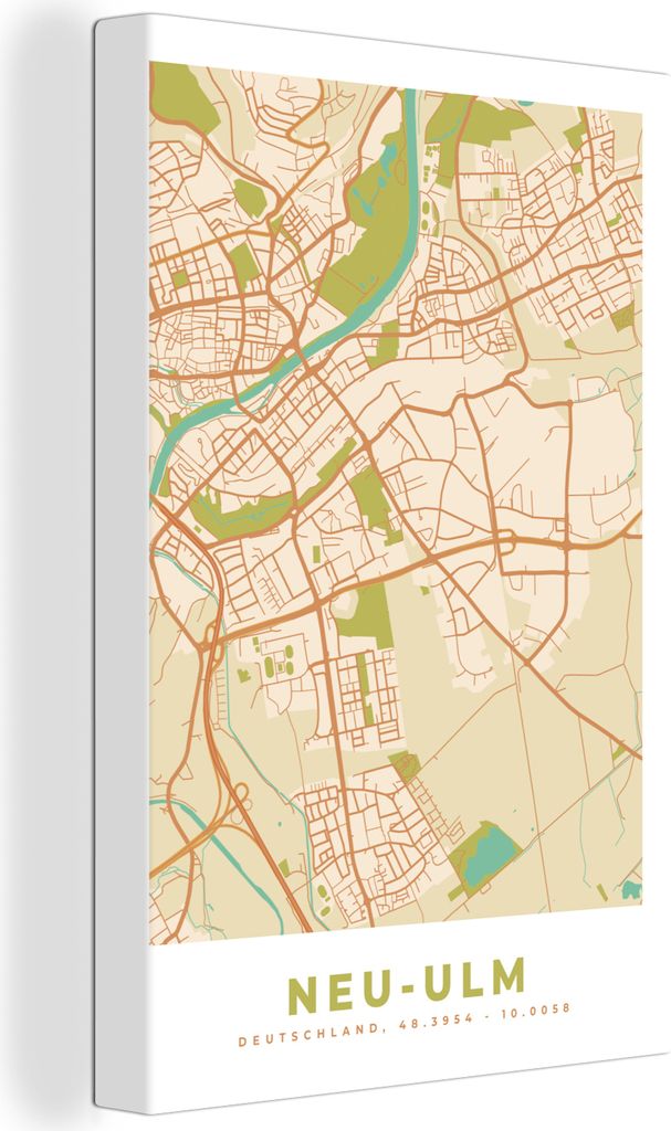 OneMillionCanvasses - Leinwandbilder - 90x140 cm, Stadtplan - Neu-Ulm - Karte - Vintage, Wandbilder Kunstdruck Wanddekoration - Foto auf Leinwand...