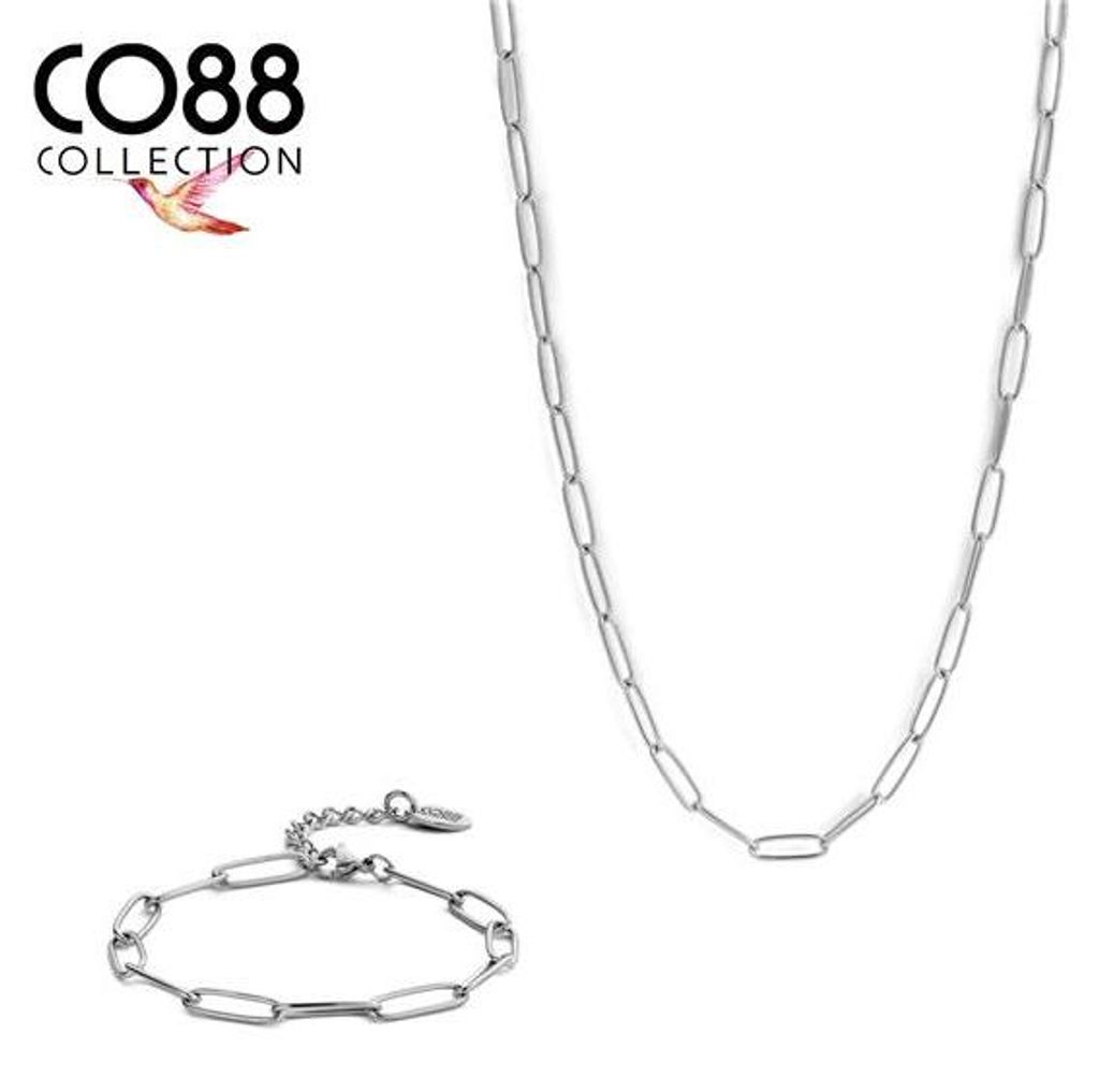 CO88 Collection 8CO-SET083 Schmuckset aus Stahl – Kette mit Armband – ovale Glieder – 38 + 5 cm – 16,5 + 3 cm – silberfarben