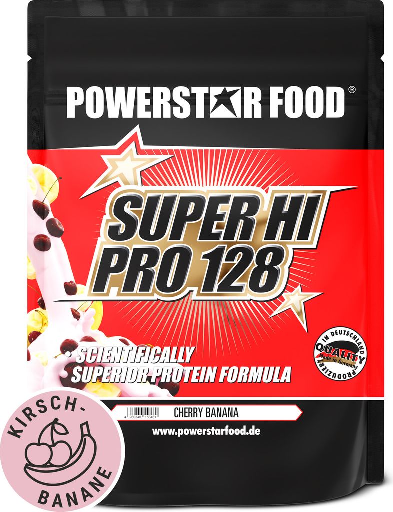Powerstar SUPER HI PRO 128 | Mehrkomponenten Protein-Pulver 1kg | Höchste Biologische Wertigkeit | Protein-Shake zum Muskelaufbau | Cherry-Banana