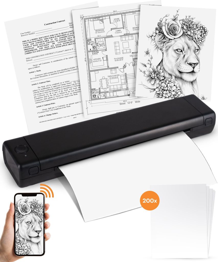 Pora&Co - Thermodrucker - Tragbarer Drucker A4 - Tragbarer Drucker A4 - inkl. 200 Blatt + Tragetasche – Drucken mit Telefon oder Computer – Sch...