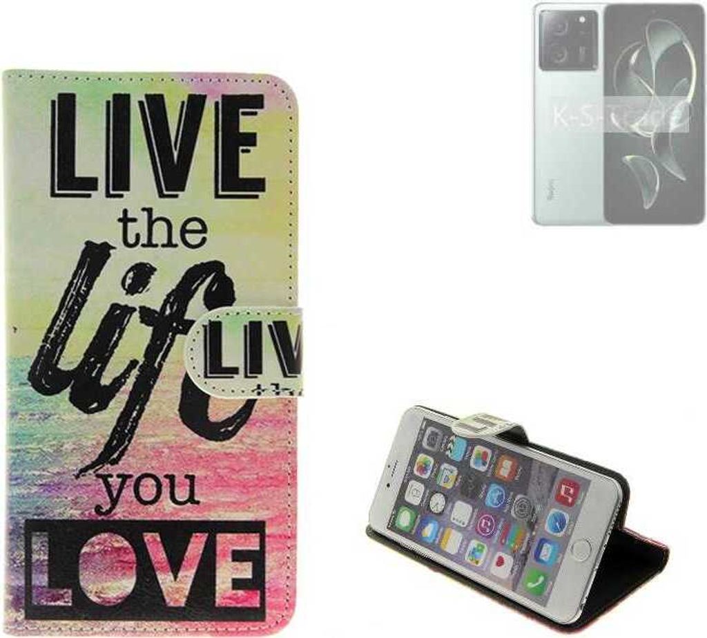 K-S-Trade Schutzhülle Handyhülle kompatibel mit Xiaomi Redmi K60 Ultra 360° Wallet Case “live life love“ Klapphülle Tasche Etui Smartphone