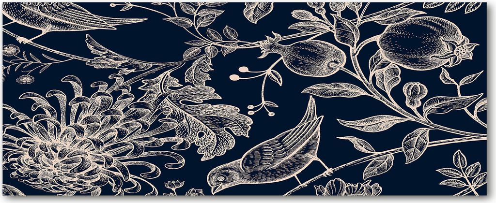 Tulup Leinwandbild - 125x50 cm - Wandkunst - Drucke auf Leinwand - Leinwanddruck - Blumen & Pflanzen - Blau - Blumen Vögel