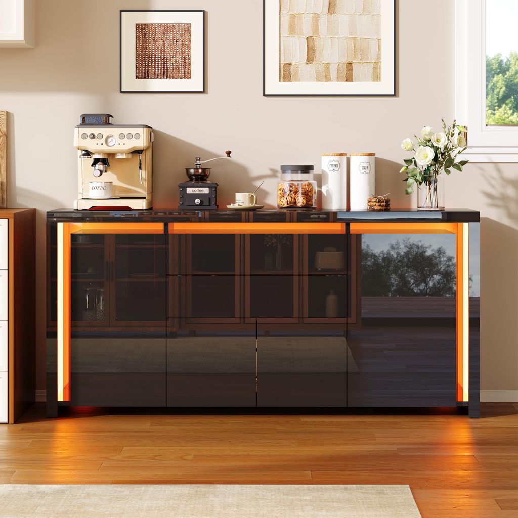 Credenza Fortuna Lai nera lucida con LED, mobile TV, Immagine del prodotto 