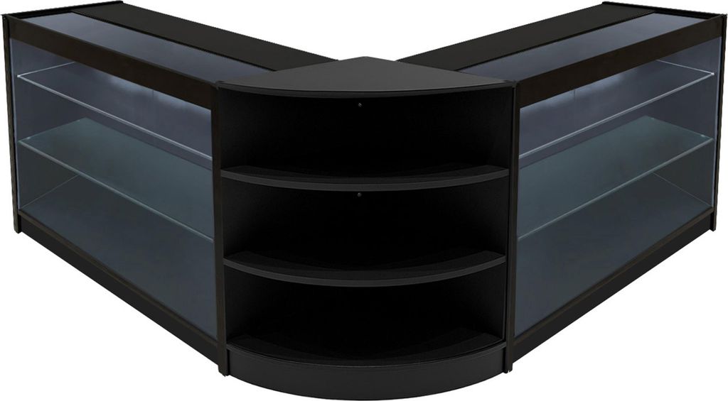 Schwarzes Verkaufstresen-Set Apollo LED-Beleuchtung K1200 LM60 Abschließbare Schiebetüren mit Schlüsseln 3 Lager- und Präsentationseinheiten Gl...