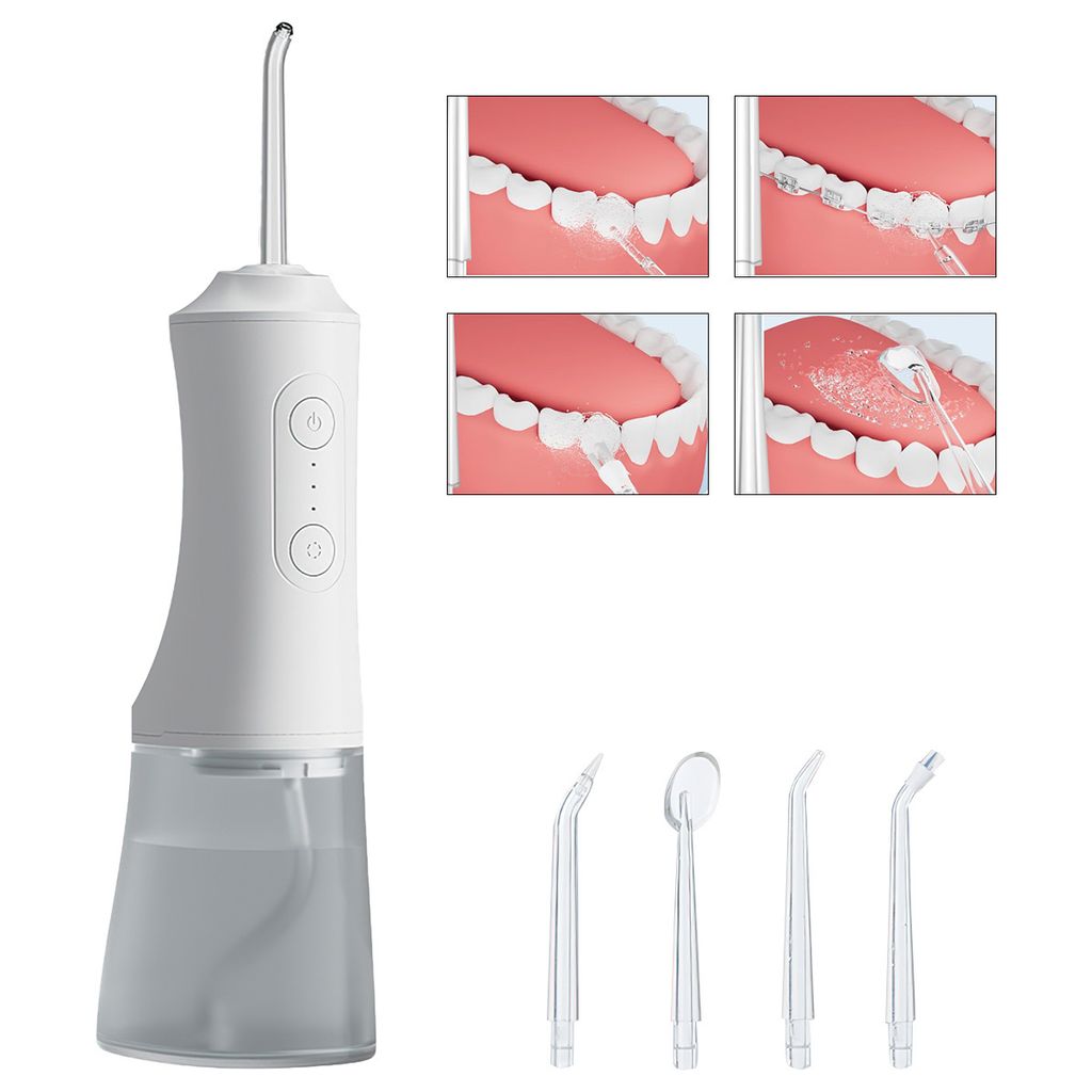 Elektrische Kabellose Munddusche, IPX7-wasserdichter, 3 Modi, 4 austauschbare Düsenspitzen, für zu Hause, unterwegs, Zahnfleisch,Weiß