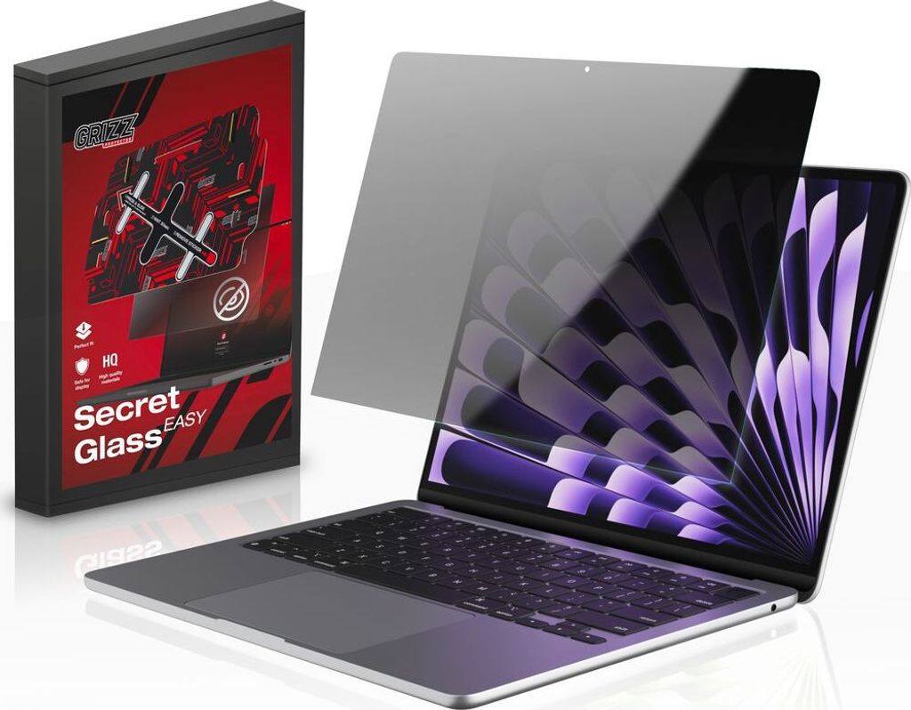 Hybrides Sichtschutzglas für MacBook Air 13" M3 2024, Grizz SecretGlass Easy mit Applikator, Matt