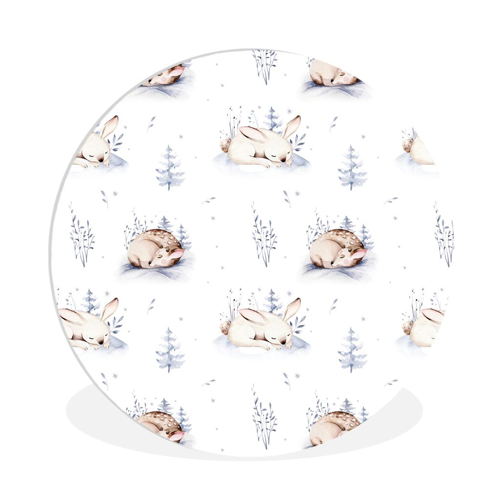 MuchoWow Rundes Wandbild - Runde Bilder Winter - Kaninchen - Hirsche Ø 90 cm Kreis Wanddekoration Kunststoff - Wandkreis - Wandschmuck - Wand-Kr...