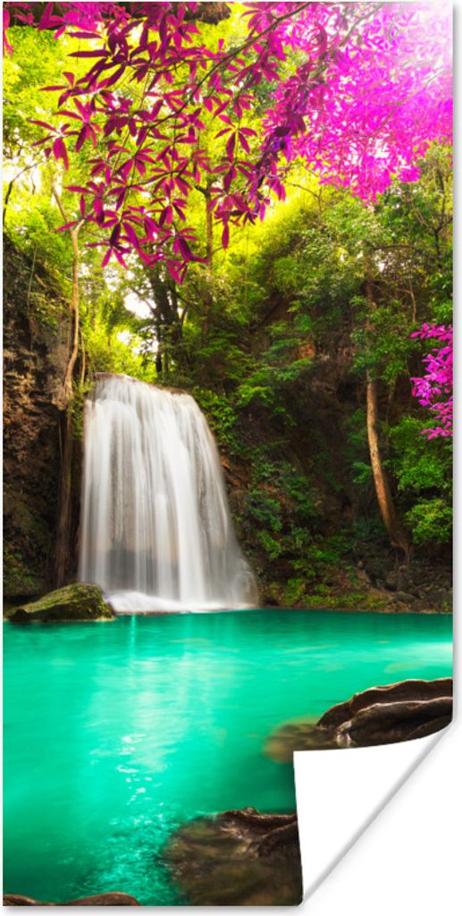 MuchoWow Poster Ein Wasserfall im Herbstwald am Erawan-Wasserfall 75x150 cm - Dekoration für die Wände