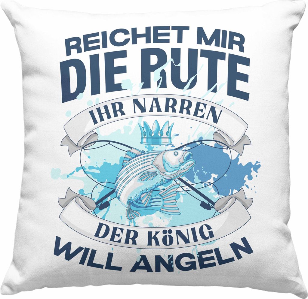 Trendation - Angler Deko-Kissen mit Füllung 40x40 Geschenk Männer Spruch Lustig für Fischer Geschenkidee Angeln Becher (Grau)