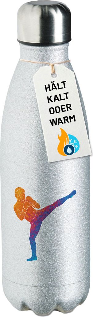 Huuraa Trinkflasche Kickboxen bunte Silhouette 500ml Silver Edelstahl Wasserflasche Trinkflasche Geschenkidee