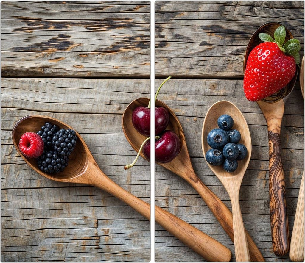 Spritzschutz Herdabdeckplatte Schneidebrett aus Glas Holzlöffel mit Beeren 2-Teilig (60x52cm)