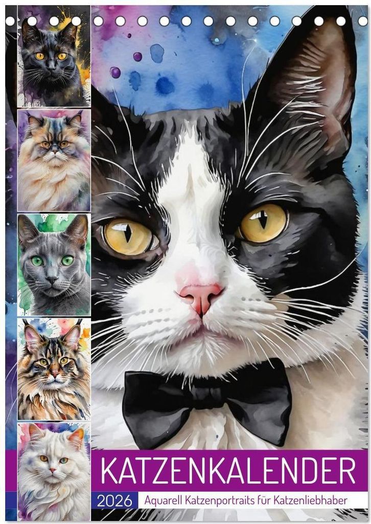 KATZENKALENDER - Aquarell Katzenportraits für Katzenliebhaber (Tischkalender 2026 DIN A5 hoch), CALVENDO Monatskalender