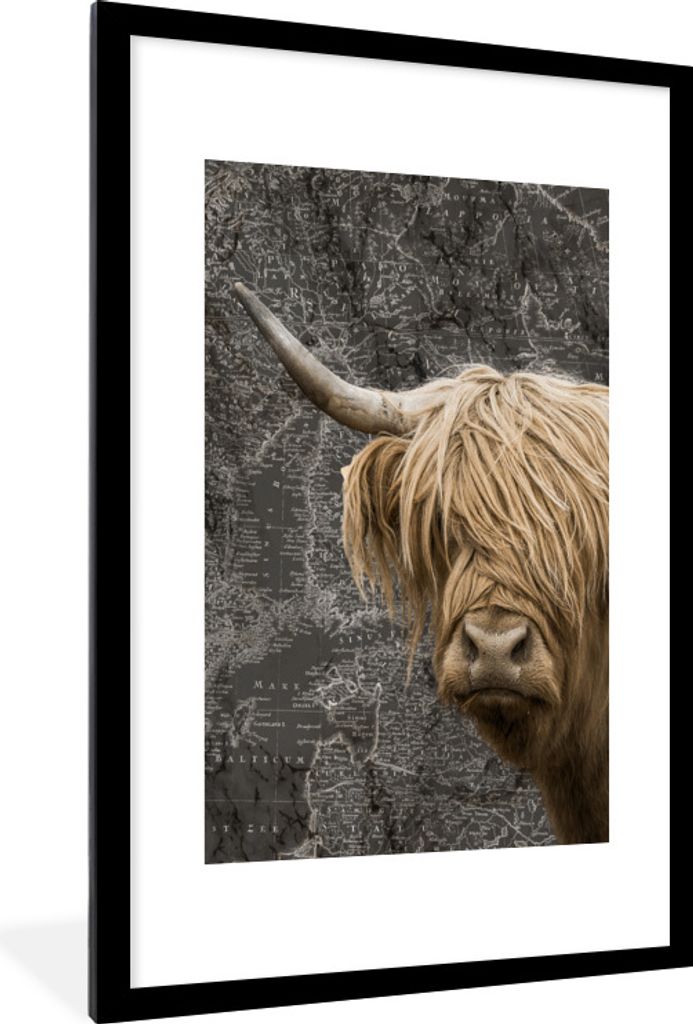MuchoWow Gerahmtes Poster Schottische Highlander - Kühe - Weltkarte 60x90 cm - Poster mit Schwarzem Bilderrahmen Wandposter Rahmen Foto Bilder -...