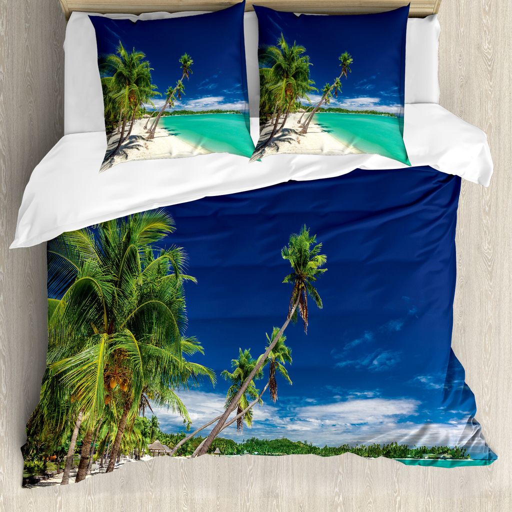 ABAKUHAUS Fidschi Bettbezug Set für Einzelbetten, Exotischer Strand und Kokosnuss-Bäume, Milbensicher Allergiker geeignet mit Kissenbezug, 155 cm...