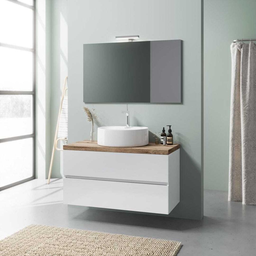 Mobile bagno sospeso 100cm bianco lucido top rovere lavabo Immagine del prodotto 