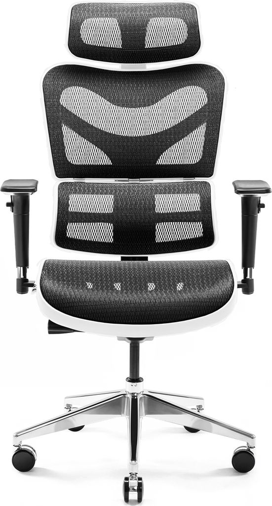 A white and black ergonomic office chair with a silver base and wheels.