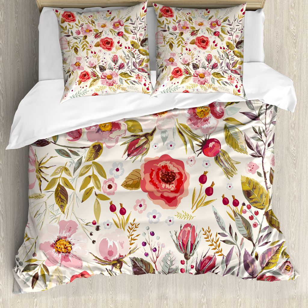 ABAKUHAUS Blumen Bettbezugs Set Für Doppelbetten, Aquarell romantische Kunst, Milbensicher Allergiker geeignet mit Kissenbezügen, Mehrfarbig