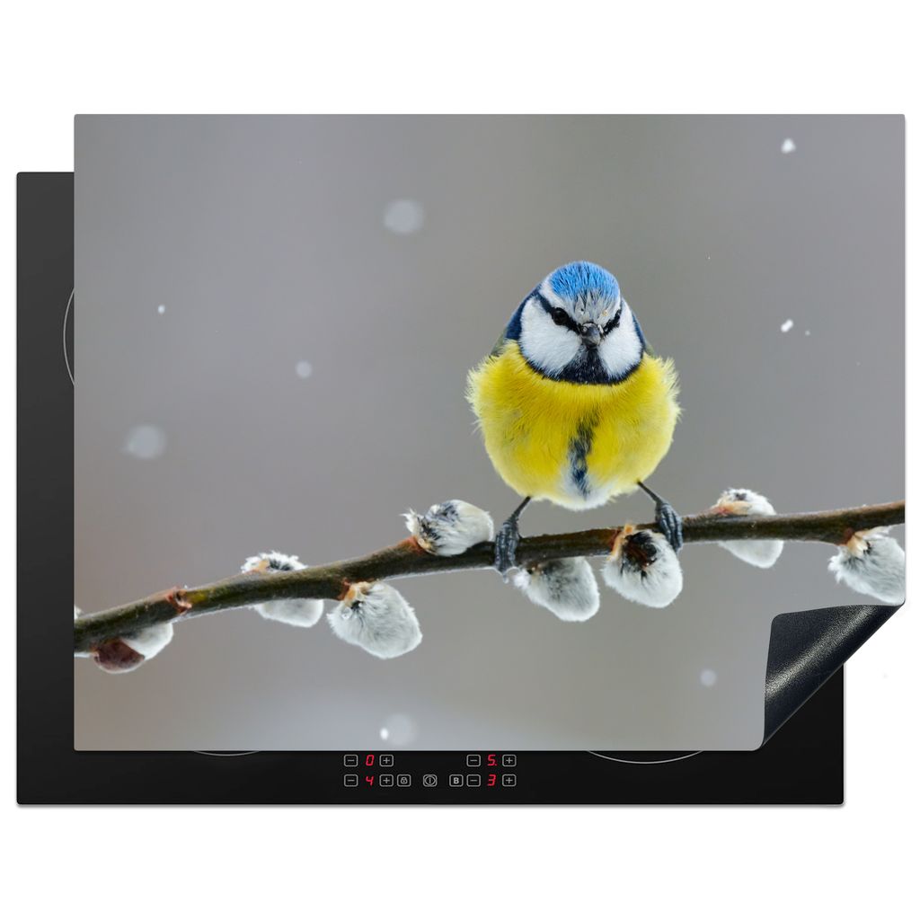 KitchenYeah Herdabdeckplatte Blaumeise - Vogel - Zweig - Gelb - Blau , 77x59cm, Küche Deko, Glaskeramikkochfeld Herdabdeckung, Abdeckplatte fùr...