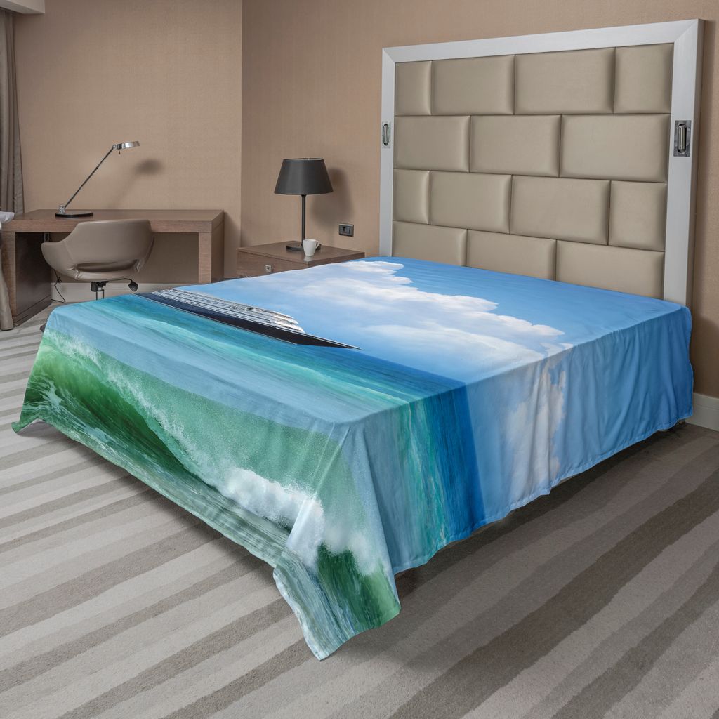 ABAKUHAUS Nautisch Bettlaken, Themanorientierte Ansicht Des Schiffs In Der Wasserwelt Mit Wolken Tageszeit Landschaft, weiches bequemes oberes Bett...