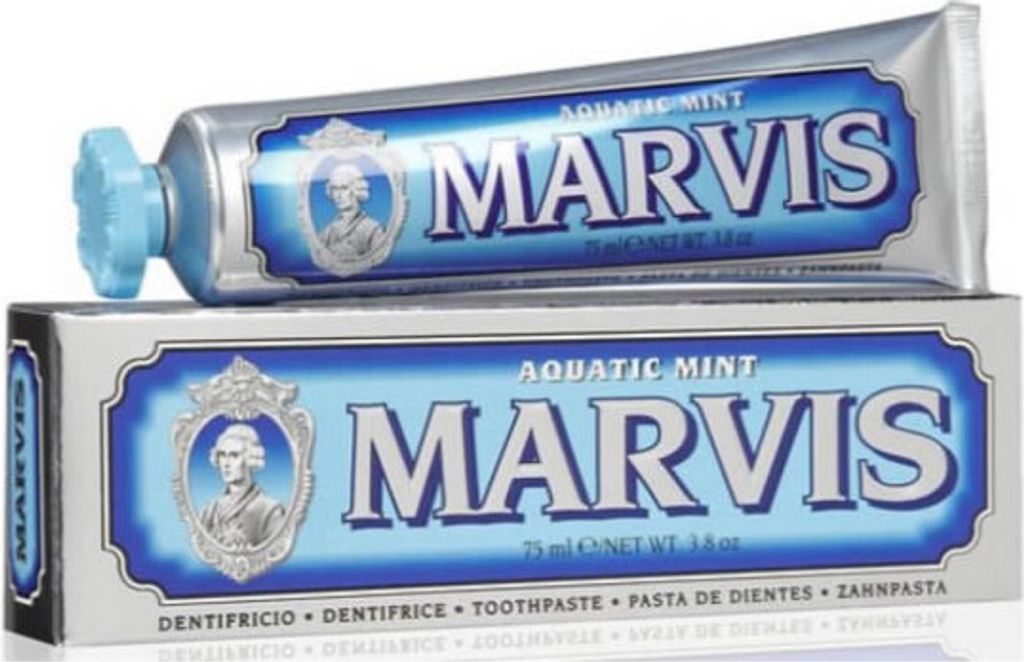 A tube and box of Marvis Aquatic Mint toothpaste are shown against a white background.