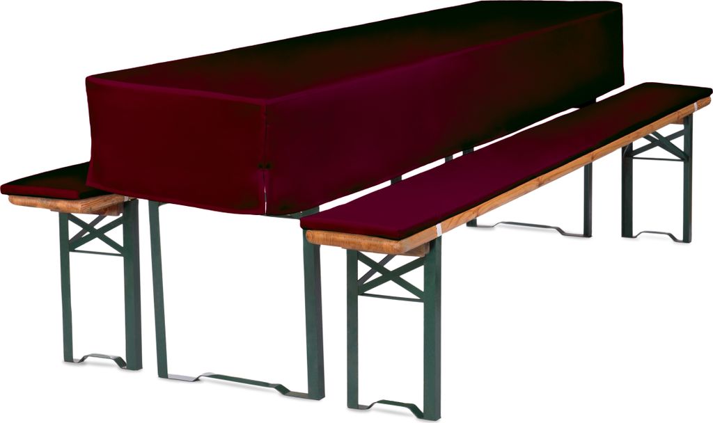 TexDeko Bierbankauflagen gepolstert 220x25x2cm mit Tischdecke 3TLG Set waschbar für Bierzeltgarnitur (220x50x30cm Bordeaux)