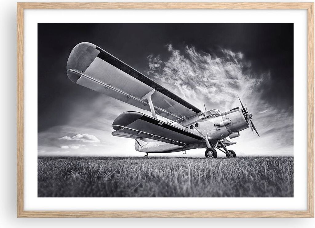 Gerahmtes Poster - Rahmen in heller Eiche - Flugzeug An-2 Schwarzweiß - 70x50 cm - Wand Bild - Wanddeko - Wandbilder - Wandposter - Bilderrahmen -...