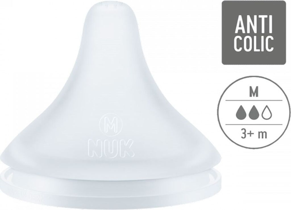A close-up studio shot of a white NUK brand baby bottle nipple.