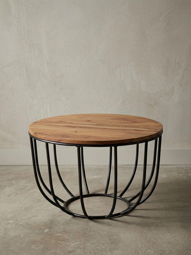 Couchtisch WL5.677 60x39x60 cm Sheesham Massivholz / Metall Korbtisch, Design Sofatisch, Wohnzimmertisch Rund, Stubentisch Industrial Braun, Holzti...
