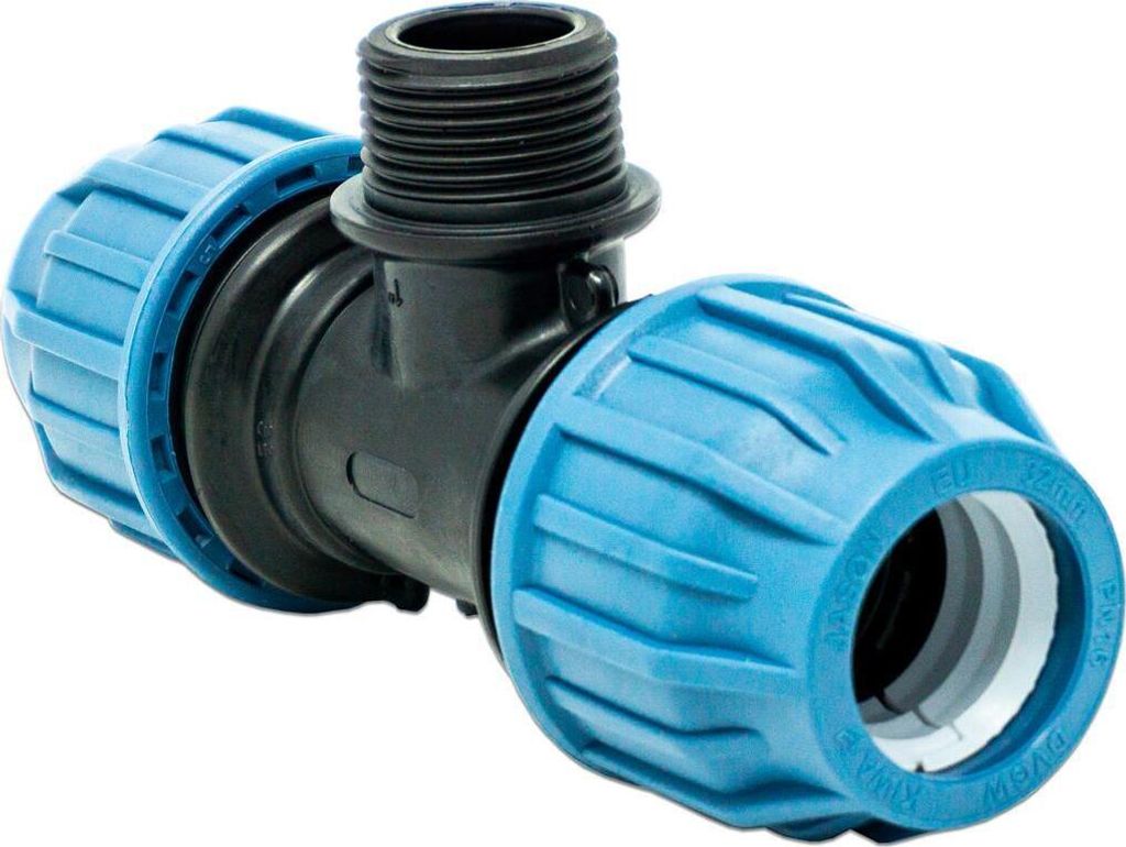 Jason T-Stück 90° PP 32 mm x 1" x 32 mm Klemm x Außengewinde x Klemm 16bar Schwarz/Blau DVGW/KIWA/WRAS/SVGW