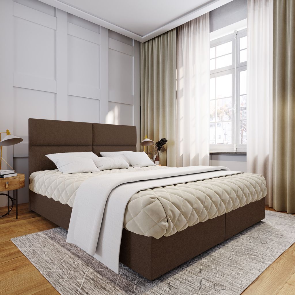 Masseno Boxspringbett LONIS 140x200 cm Komplett-Set mit Bonell Matratze und Topper, Polsterbett mit Bettkästen -Braun, SAWANA 16