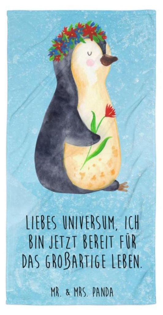 Mr. & Mrs. Panda Handtuch Pinguin Blumen - Eisblau - Geschenk, Positiv, Badehandtuch, Großes, Universum, Geschenkidee, Strandtuch, Motivation, Fro...