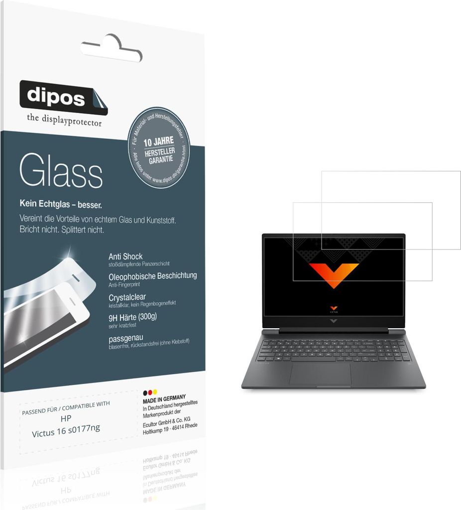 2x Schutzfolie für HP Victus 16 s0177ng - Anti-Shock 9H Folie dipos Glass Kunststoffglas
