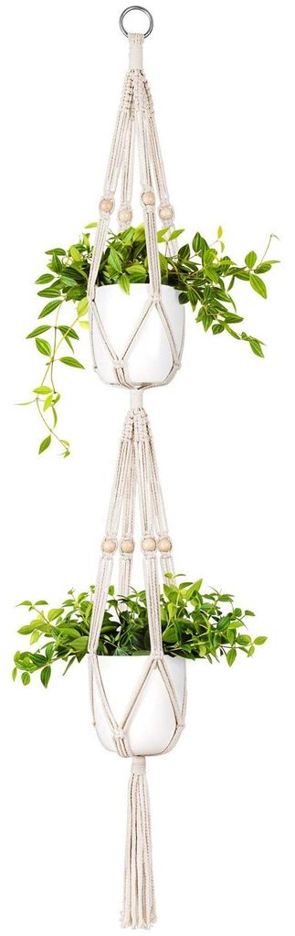 Makramee-Pflanzenampel, 2-stöckig, Hängekorb für drinnen und draußen, Baumwollseil mit Perlen, 125 cm