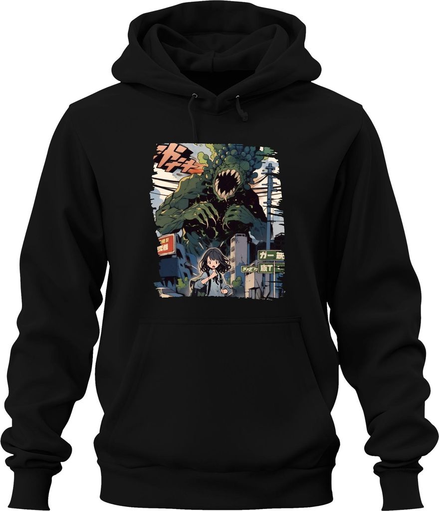 Kaiju Angriff Schulmädchen Monster Apokalypse Stadt Anime Manga Uni Hoodie Kapuzenpullover, Schwarz, 3XL