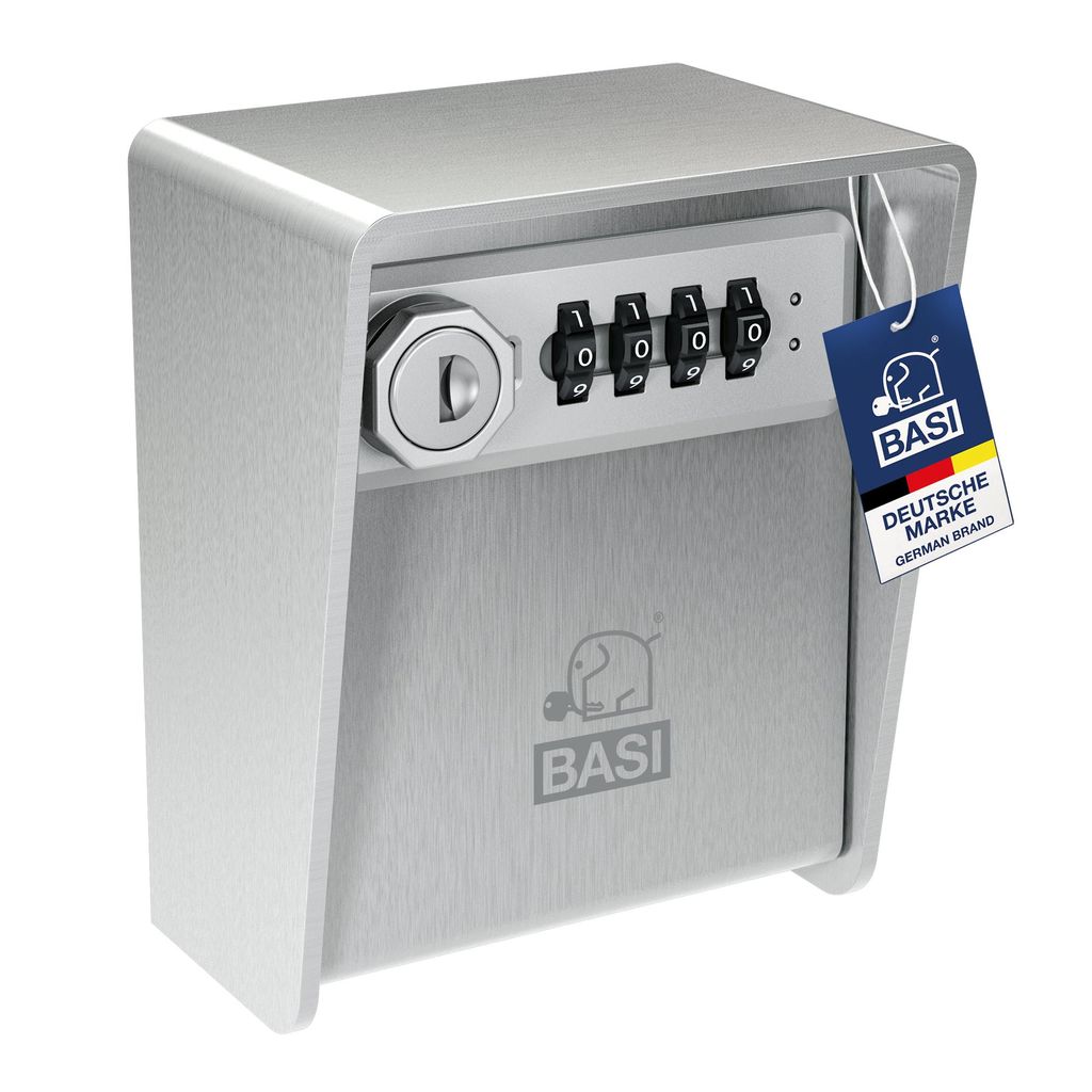 BASI - SSZ 350 - Schlüsselsafe aus 3 mm Edelstahl - 2 Schlüsselhaken - einstellbare 4-stellige Zahlenkombination - 1 Notschlüssel - zur Wandmont...