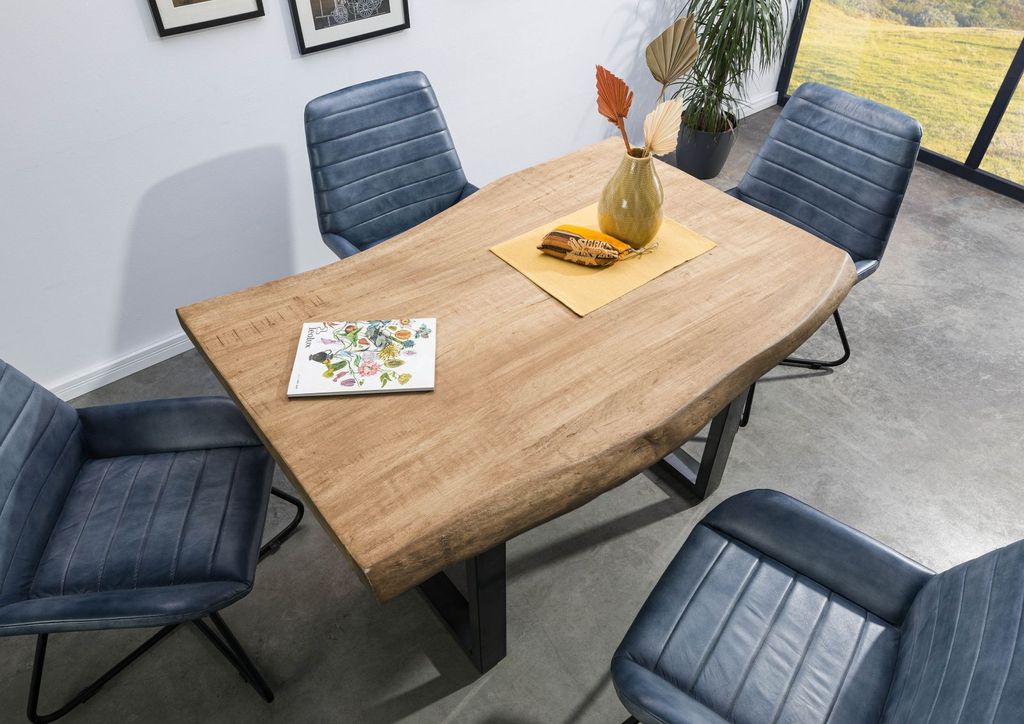 MASSIVMOEBEL24 Baumtisch Mango 140x90x77 beige lackiert / U-Beine anthrazit glänzend FREEFORM 5