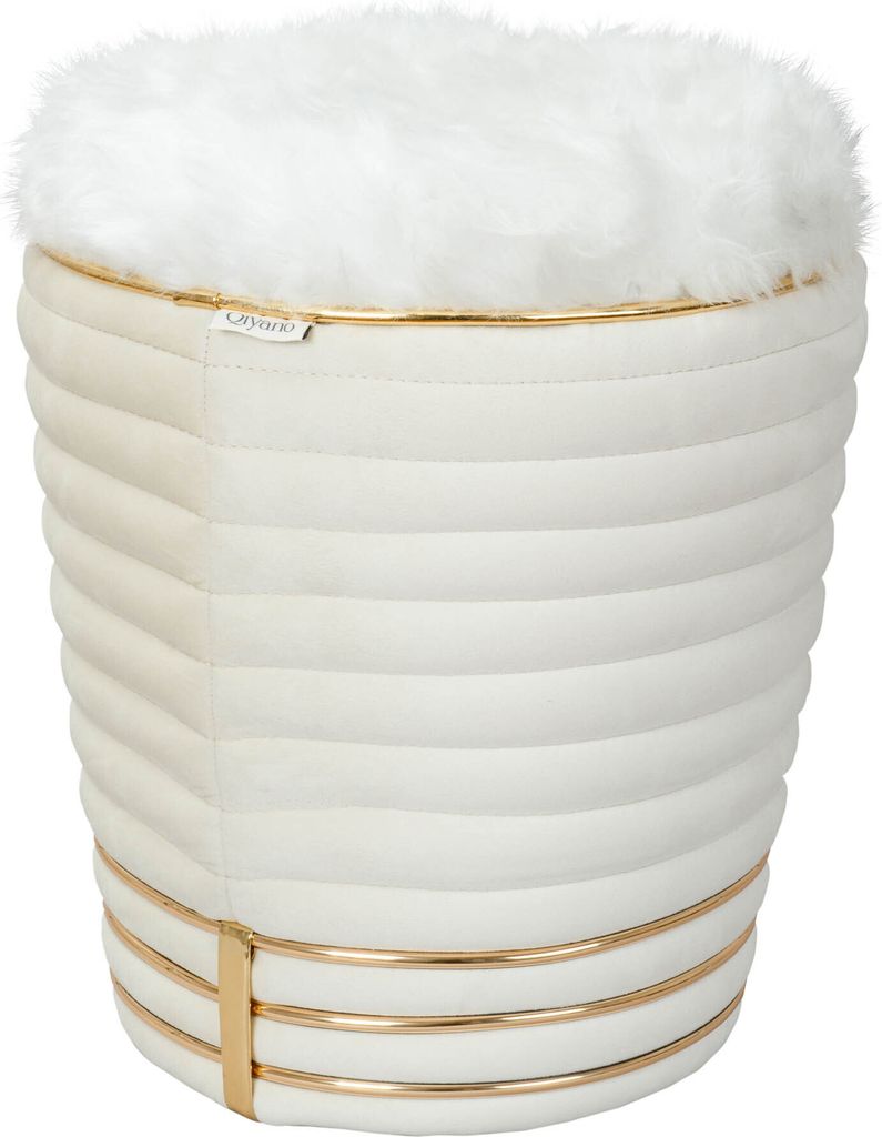 QIYANO Sitzhocker Pouf weicher Samtstoff mit Ziernähten und Fellimitat in Creme Beige Gold, Höhe ca. 50 cm