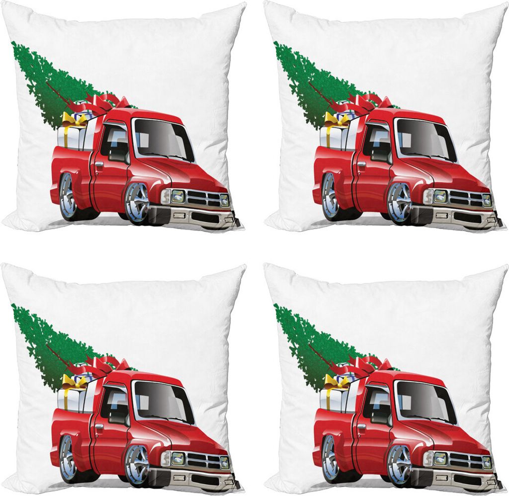 ABAKUHAUS Weihnachten Kissenbezug Set (4 Stück), Red Farm Truck, Moderner Doppelseitiger Digitaldruck, 50 cm x 50 cm, weiß Rot
