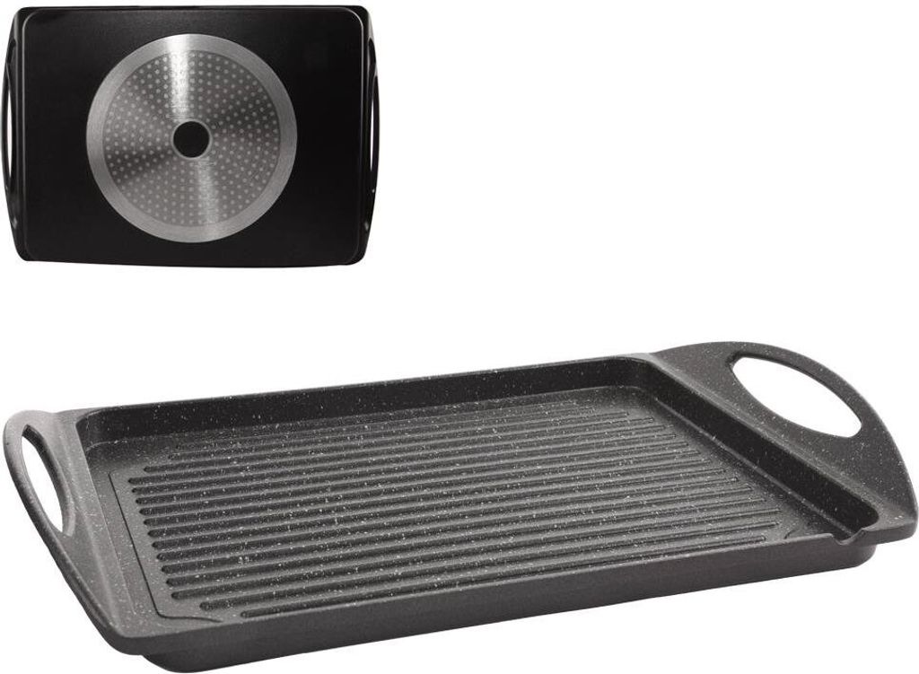 A top view of the underside of a grill plate and a perspective view of the top of a grill plate.