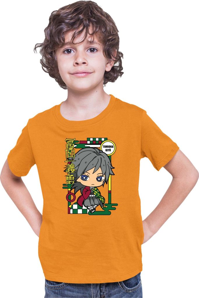 Kinder T-Shirt Demon Anime Slayer Kimetsu No Yaiba Chibi Giyu Tomioka, 9-11 Jahr - 140 / Orange