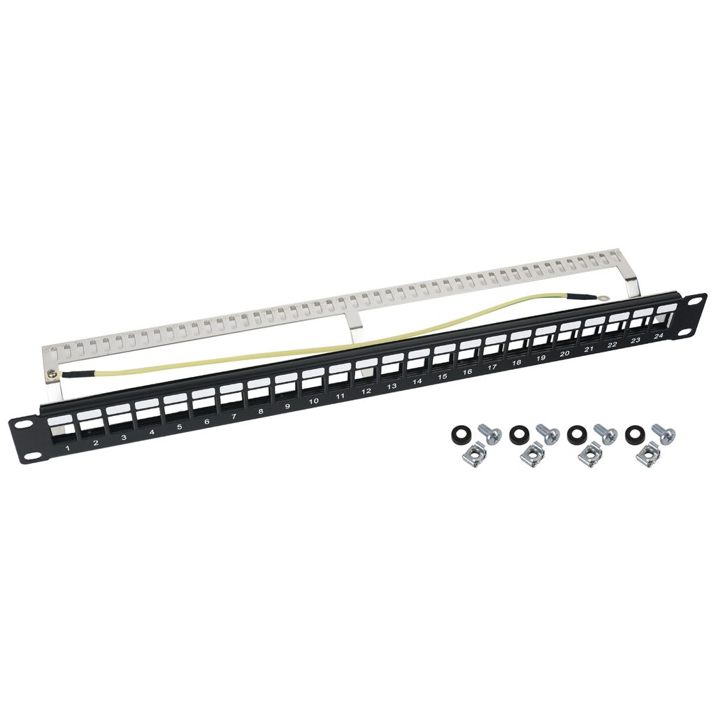 HMF 66446-02 STP Keystone-Patchpanel für Serverschrank, 24 Ports RJ45 Geschirmt, 19 Zoll, Schwarz