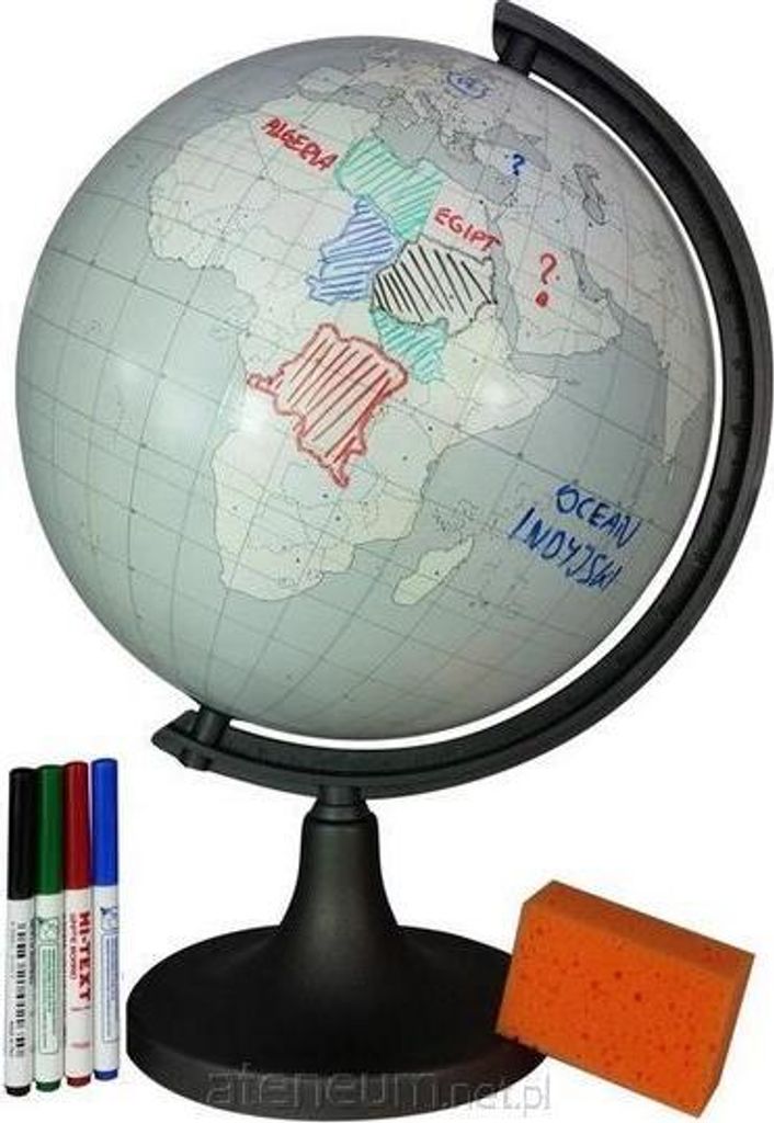 Weißer Globus abwischbar, klare Zeichnung, Lehrmittel für Geografie, Kontinente ohne Namen, inkl. Marker & Schwamm