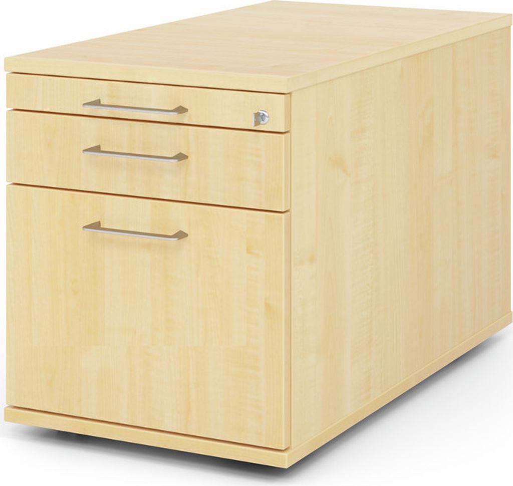 Rollcontainer Arvo | Ahorn | HxBxT 51,2x42,8x80cm | Metallgriff | 3 Schübe | Mit Schloss & Zentralverriegelung